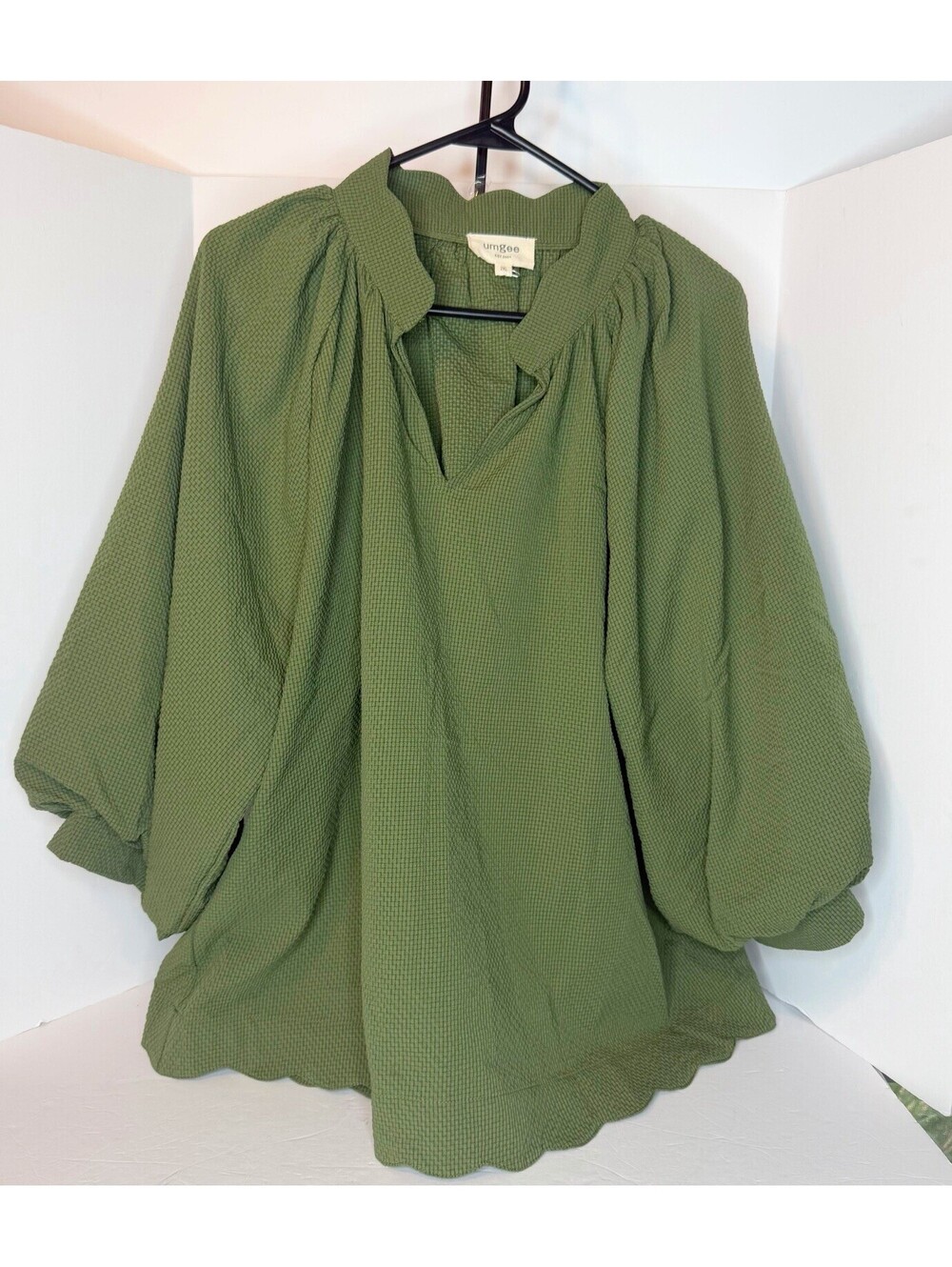 Umgee Olive Green Blouse Textured Balloon Sleeve Scallop Hem Boho Top 2XL